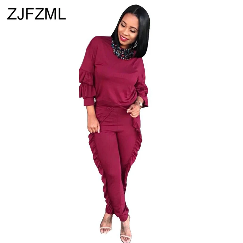 

Ruffles Spliced Casual 2 Piece Outfit Matching Set Women Round Neck Full Sleeve Tops and Pencil Pants Solid Two Piece Sets Suits