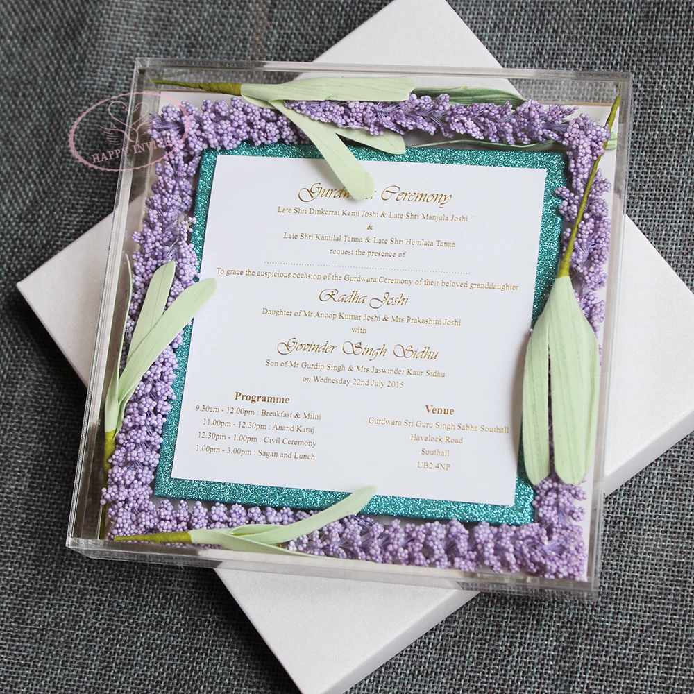 HI4083-05 Acrylic Box Wedding Invitation with Lavender Flowers Gold Foil Print For Lavender Theme Wedding