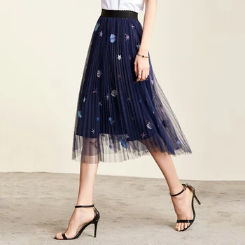 

Fashion Women's Skirts 2019 Summer Korean Version of The Planet Embroidery Pleated Mesh Skirt Fairy Lace Stitching Clothes