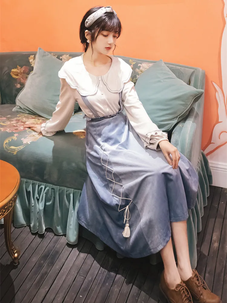 

2019 new fashion women's clothing Velvet shirt + strap dress two-piece suit 2 piece outfits for women