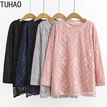 

TUHAO 2019 HIGH Quality Plus Size 4XL 3XL Women's Long Elegant Loose Lace Blouse Autumn Winter Fleece Thick Female Blouses LZ28