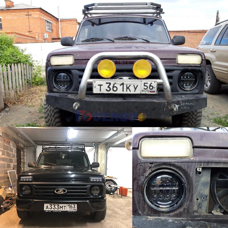 1 пара ходовых огней 60 Вт Автомобильные светодиодные H4 7 дюймов автомобильные аксессуары 35 Вт ангельские глазки H4 светодиодные фары для Лада Нива 4X4 УАЗ Охотник