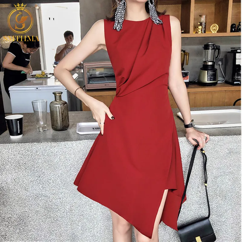 SMTHMA 2021 New Fashion Summer Women Solid Color Elegant Dress Vestidos Sleeveless Ruffled Irregular Red Dresses | Женская одежда