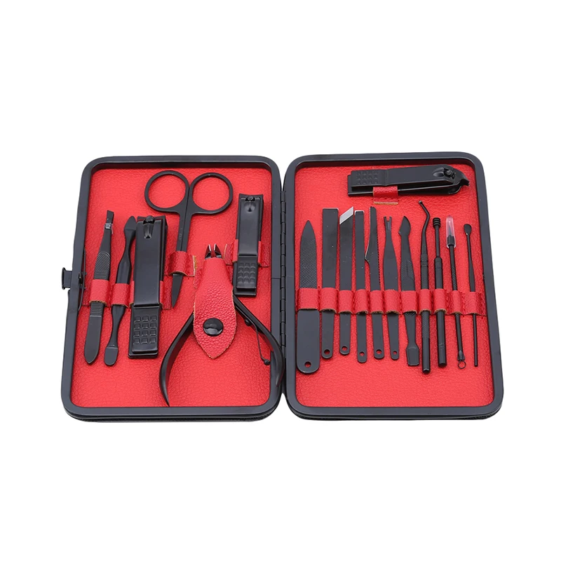  18pcs With Black PU Leather Case Manicure Set Nail Clipper Kit Pedicure Care Tools Black Men Groomi