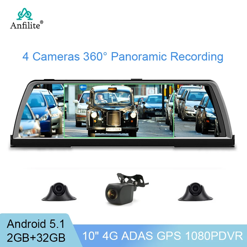 10" 4G Android 4 Channel Sony Lens 1080P 32G Car DVR Full Touch DVR 360&deg; Panoramic Rear View Parking monitoring ADAS GPS Dashcam