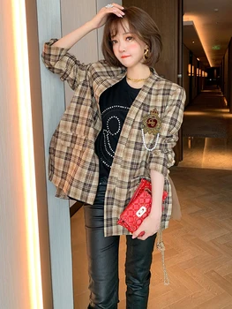 

Retro hit check color sequin patch beaded split stitching mesh jacket women's 2020 autumn and winter new