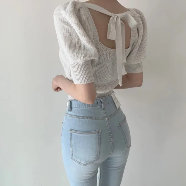 Knitted Tops Fashion Korean Chic Elegant Feminine Square Collar Hollow Backless Strap Slim Summer Puff Sleeve Sweater