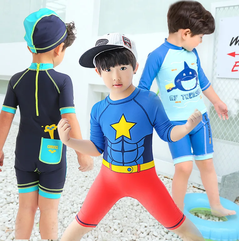 

2020 Hot Selling KID'S Swimwear Men And Women Big Boy in Short Sleeve Zipper Cartoon Shark Points Surfing Jumpsuit