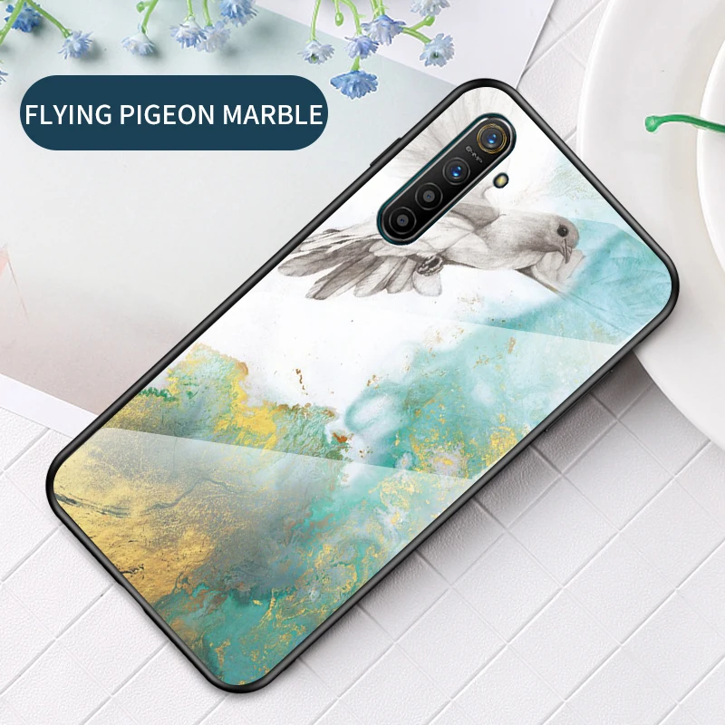 Высококачественный защитный чехол для Oppo Realme XT чехол Мрамор Глянцевая закаленное Стекло Мягкий Силиконовый противоударный жесткий чехол для телефона с рисунком в виде чехол для Oppo Realme X2 чехол 6,4 дюймов - Цвет: Flying Pigeon