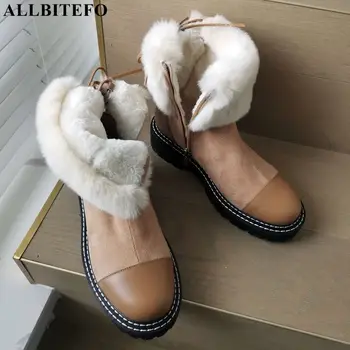 

ALLBITEFO new winter plush inside genuine leather thick heels snow ankle boots for women brand high heels women boots women heel