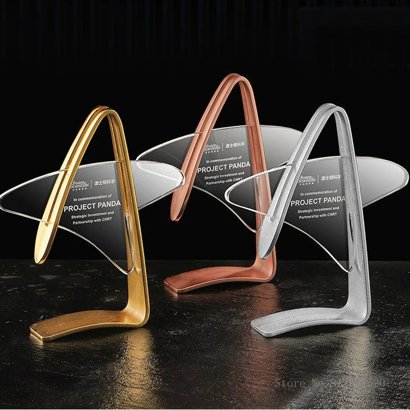 Custom Five-Pointed Star Crystal Trophy, Gold, Silver, Bronze, Creative Commemorative, Souvenir Award, Home Decoration, 1Pc