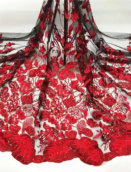 

2019 Latest African Beaded Lace Fabric For Wedding dress Nigerian Red French Lace Fabric High Quality Lace Material XA012