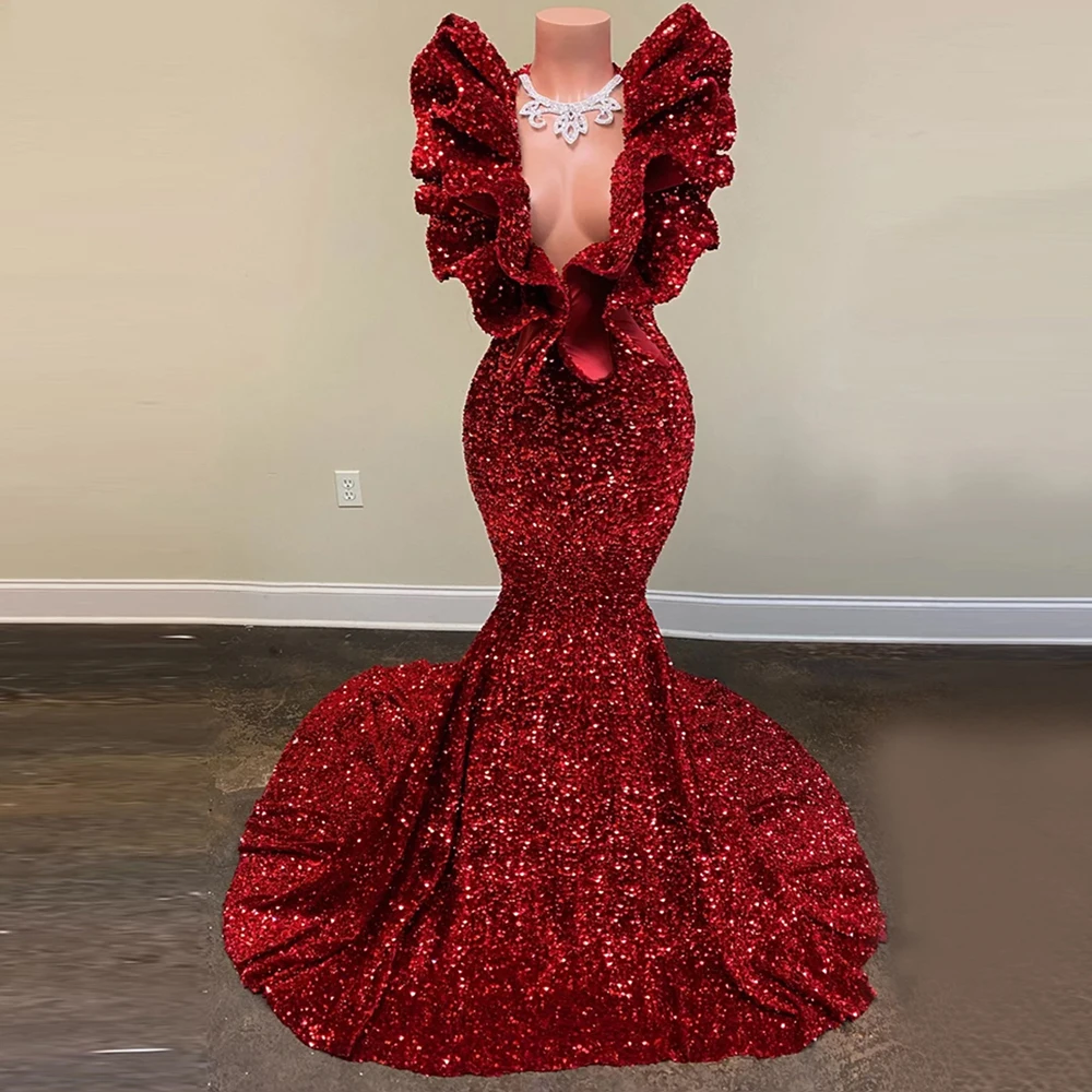 

Wine Red Women's Lotus Collar Evening Dresses Mermaid Sparkling Sequins Princess Prom Gowns Sexy V-neck Fashion Celebrity Robe