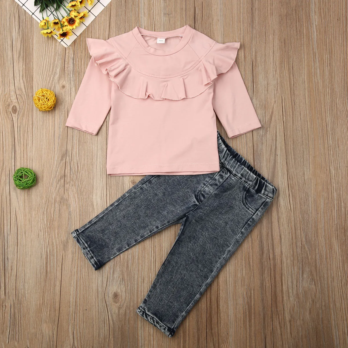 Коллекция года, весенне-осенняя одежда для малышей рубашки с длинными рукавами и воротником с рюшами для маленьких девочек джинсовые штаны Одежда из 2 предметов От 1 до 6 лет