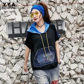 

Summer Women Loose Fit Short Sleeve Hooded Tops T Shirt High Street Fashion New Letter Printed Black Red T Shirt Female