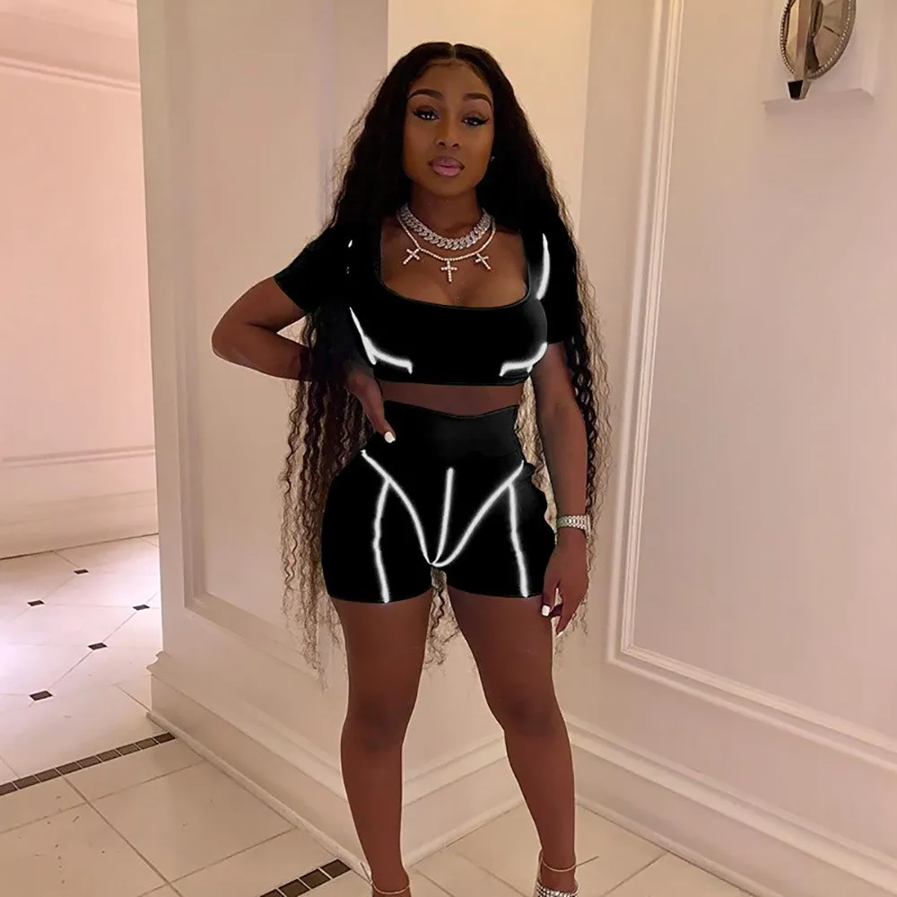 

2019 Casual Neon Two Piece Set Women Tracksuit Sporty Reflective Crop Top And Biker Shorts Set Active Wear Matching Set