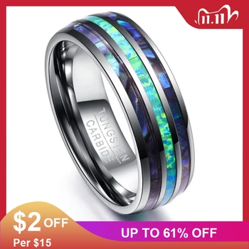 

Somen 8mm Luxury Silver Color Tungsten Carbide Ring Blue Fire Opal & Shell For Men Women Wedding Engagement Ring Bague Homme