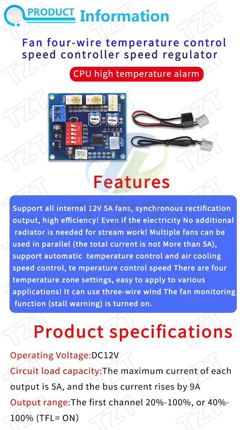 TZT 1/3 Stück DC 12V 5A PWM PC CPU-Lüfter Temperaturregelung Geschwindigkeitsregler-Modul Summer Hochtemperaturalarm NTC B 3950 Thermistor 50K – Detail 1