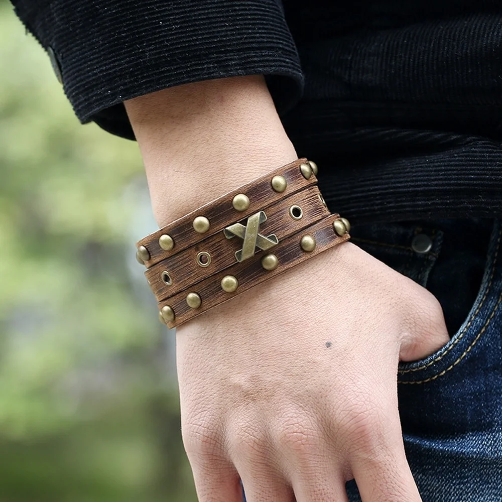 

2019 New Vintage Nostalgic Alloy X Bracelet Rivet Wide Leather Bracelet Charm Bracelets for Man Fashion Jewelry Accessories