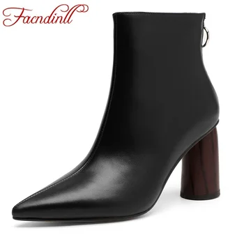 

FACNDINLL women boots new 2019 autumn genuine leather high heels pointed toe zipper black beige dress party shoes woman boots