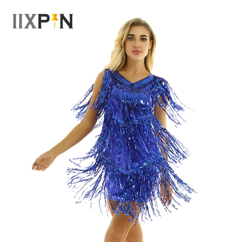 Dance dress women sequin tassels fringe dress Latin dress ballroom samba tango female sequin stage costume