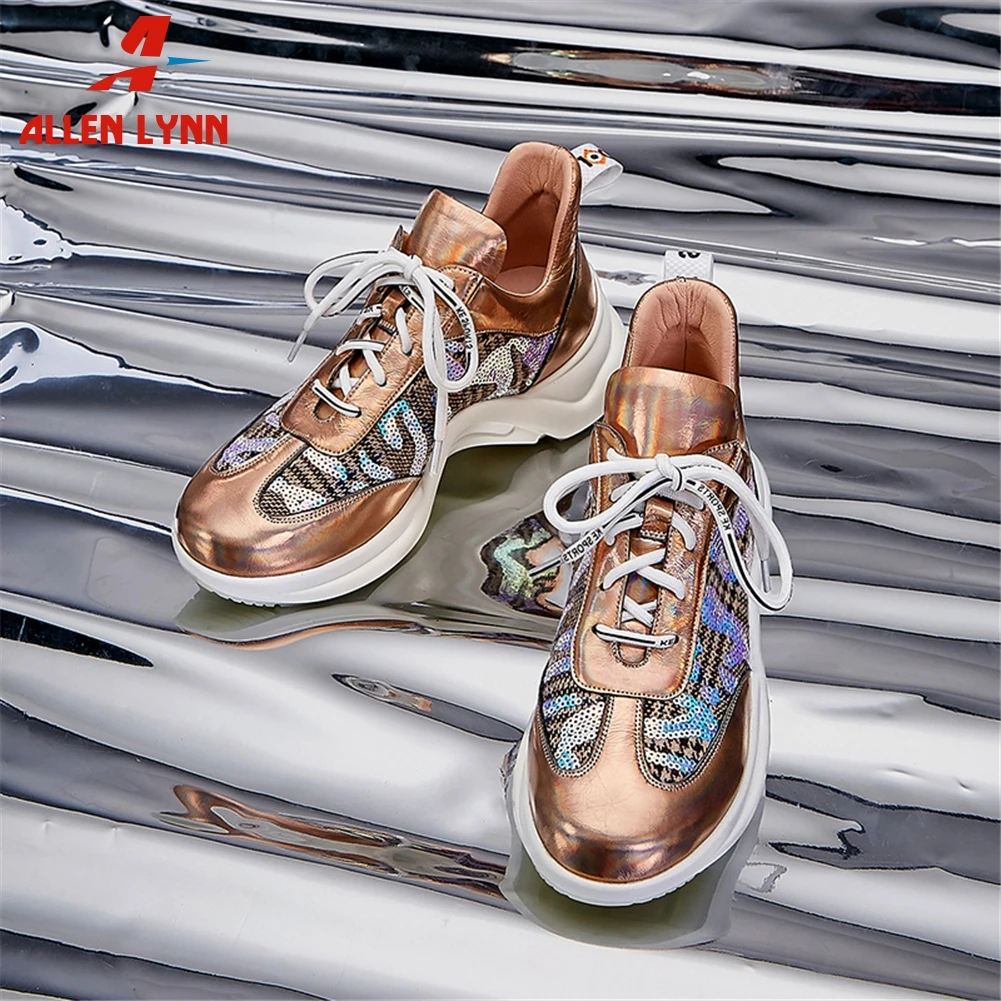 

ALLEN 2020 Lace Up Cool Shoes Woman Spring Autumn Metallic Bling Flats Women Plus Size 34-40 Lady New Fashion Casual Flats