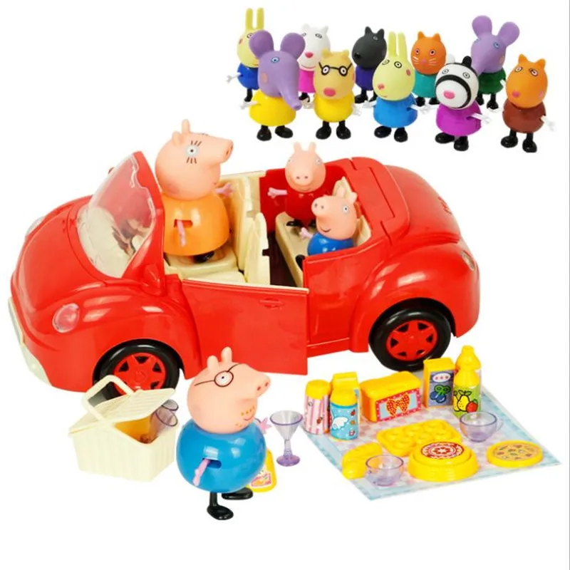 Peppa Pig-coche deportivo de la serie Fashion, juguetes para niños de animé, Paquete Familiar, varios papeles, modelo de figura de acción, regalos de cumpleaños para niños