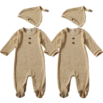 

CANIS 2PCS Newborn Baby Boy Girl Cotton Long Sleeve Solid Color Romper Jumpsuit Hat Outfit Clothes