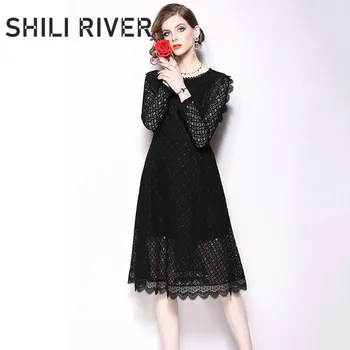 

New spring autumn lace midi dress for women a line long sleeve slim cute casual elegant knee length dresses vintage white black