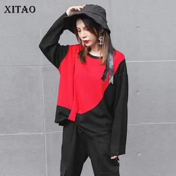 

XITAO Hit Color Fashion New T Shirt Fashion New Elegant Small Fresh Pleated Small Fresh Patchwork 2020 Spring Tee Top DMY2601