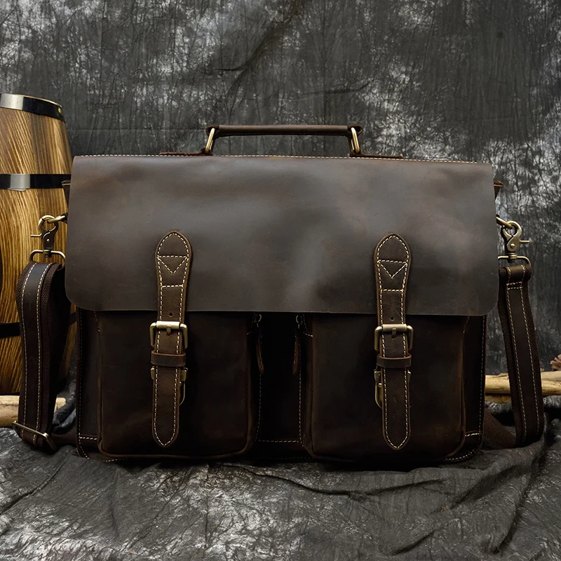 Dark Brown Unisex Large Leather Travel Laptop Bags Briefcase