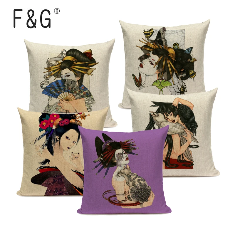 

45x45cm Cotton Linen Quote Cushion Cover Creative Japanese Kabuki Pattern Day Gift Pillow case Throw Pillow Cover Dropshipping