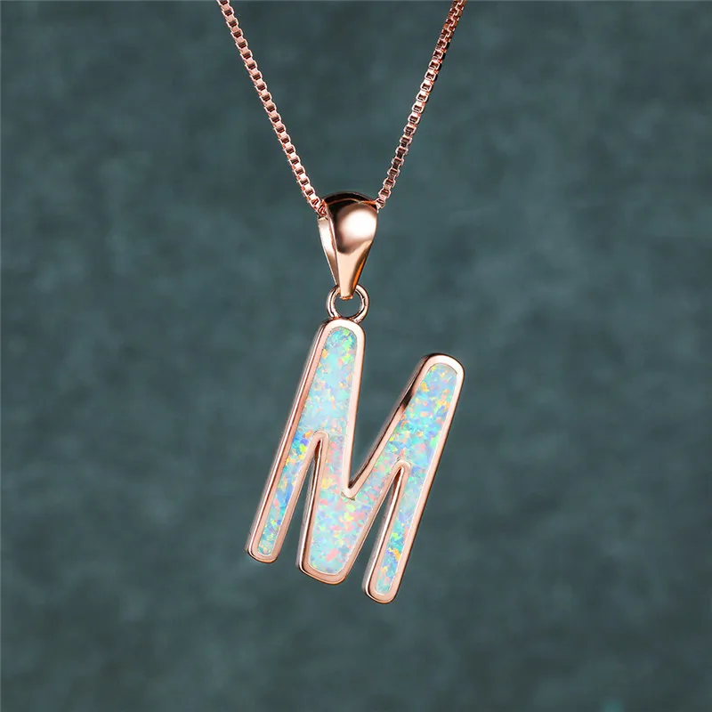 Female Fashion Letter M Pendant Necklace White Blue Opal Stone Wedding Rose Gold Silver Color Chain Necklaces For Women | Украшения и