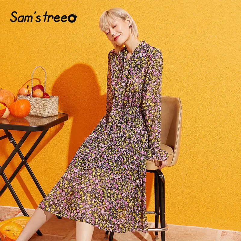 Samstree/шифоновое платье с цветочным принтом и галстуком-бабочкой для отдыха, для женщин, осень, для отпуска, с длинным рукавом, женские платья Platy Codon