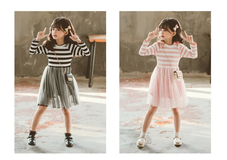 2020 Big Girls Casual Cotton Dress Little Kids Stripe Long Sleeve Mesh Dress Children School Clothes for 5 6 7 8 9 10 11 12 year (7)