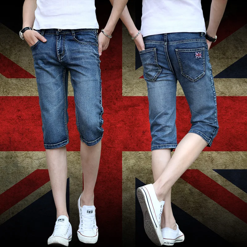 Summer 2021 MEN FASHION Casual Clothes For Teenagers Slim Denim Blue Flag Cropped Jeans Men\'s Breeches Denim Calf Length Pants