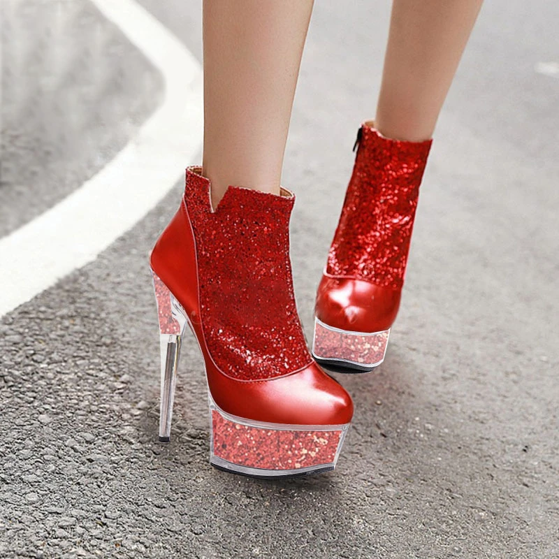 

Platform Boots Glitter Women Shoes Fenty Beauty Fashion Transparent 15cm High Heels Spring Ladies Sequin Ankle Boots Big Size 46