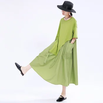 

WOMENGAGA 2020 Summer New Dress Solid Patchwork Vintage Irregular Casual Loose Large Size Pullover Girl Female Pocket A607