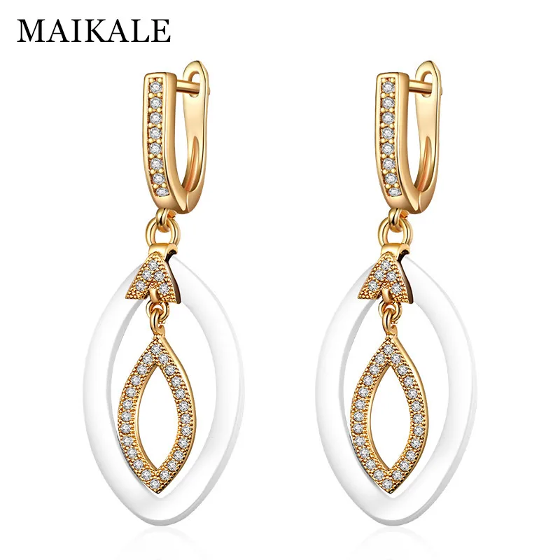 gold white MAIKALE, новинка, модные серьги-капли, медь, AAA, кубический цирконий, черный, белый цвет, керамическая подушка, золото, серебро, цвет, серьги для женщин - Окраска металла: gold white