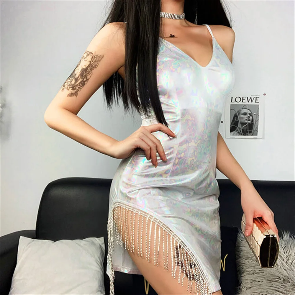 

Three-Ratels Spaghetti Strap Diamond Tassel Backless Mini Dress Women Sexy Elegant Party Club Colorful Fantastic Bodycon Dresses