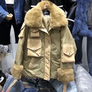 

Down Cotton Female 2020 Winter New Fashion Color Contrast Genuine Real Fur Collar Loose Thickening Keep Warm Coat Overcoat