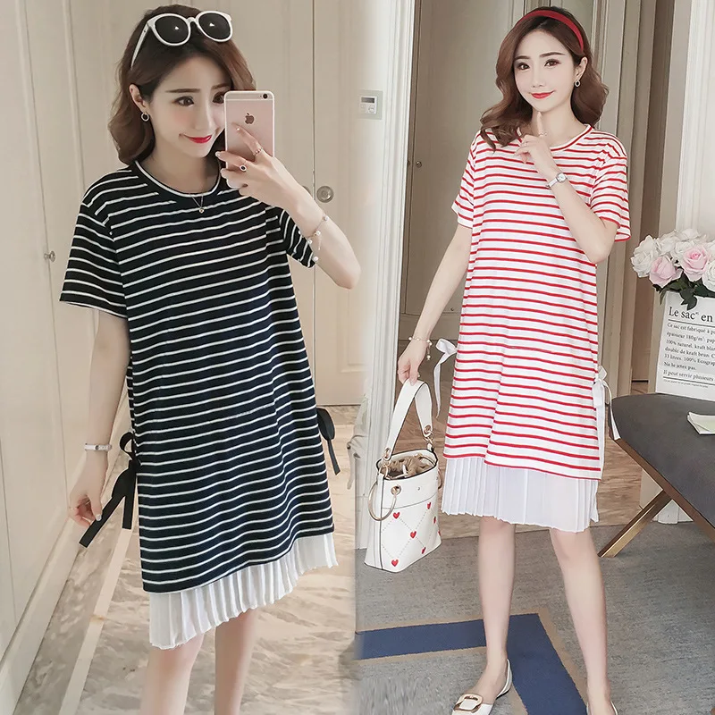 

Maternity Clothes 2019 Summer New Style Korean-style Fashion Striped Shirt Fake Two-Piece Joint Pregnant Women Dress