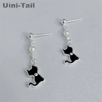 

Uini-Tail hot new 925 sterling silver exquisite black cat micro inlay earrings simple temperament sweet high quality jewelry