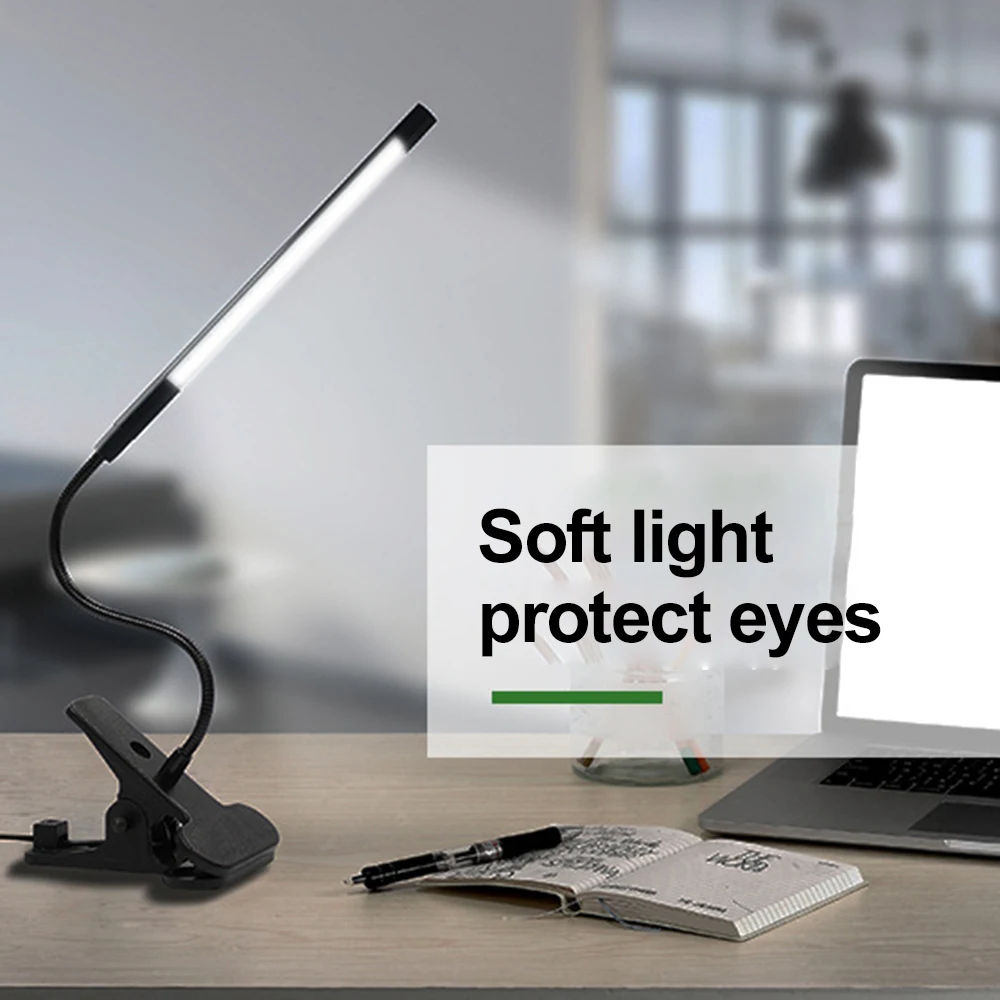 USB Powered LED Night Lamp Clip On Desk Lamp with Stepless Dimming Flexible Bending Table Lamp for Study Reading Eye-Protection