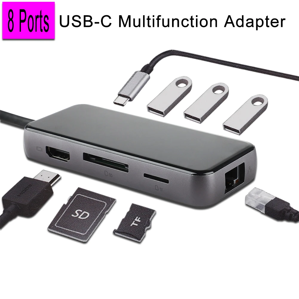 8 in 1 HUB USB-C концентратор type C концентратор для VGA USB 3,0 Thunderbolt 3 HDMI 3,5 мм аудио RJ45 адаптер для MacBook Pro samsung Galaxy S9 USB C концентратор - Цвет: 8 in 1 HUB