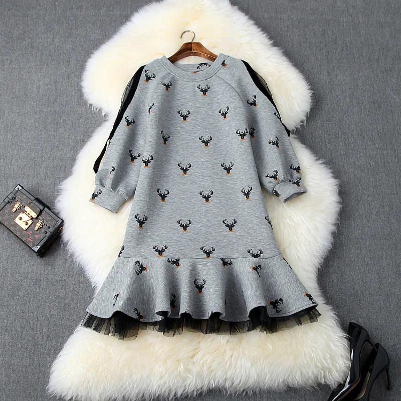

Casual Dress Woman Autumn Winter 2019 New Fashion Printed Lantern Sleeves Patchwork Mesh Loose Mermaid Dress Above The Knees