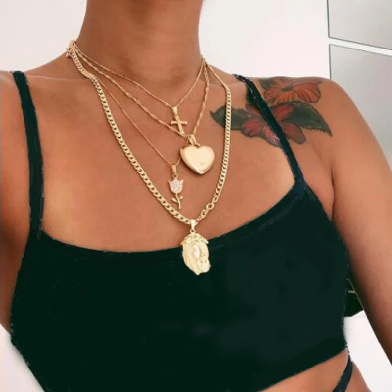 

docona Punk Large Heart Cross Flower Face Pendant Necklace for Women Gril Gold Multilayer Necklaces Collaeres Party Gift 8520