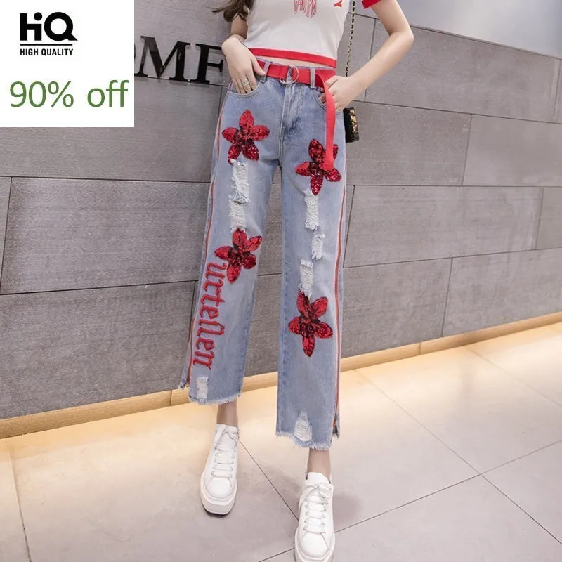 

New Brand Embroidery Sequins Hole Ripped Womens Denim Pants Ankle Length High Waist Size Zipper Loose Wide Leg Boyfriend Jeans