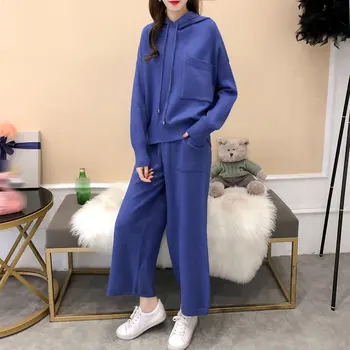 

Spring Casual Sweaters Tracksuit Womens Knitted Two Piece Sets Women Hooded Sweatshirts and Wide Leg Pants Sporting Suit Female