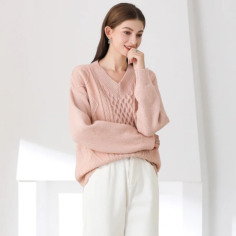 

Wholesale Womens New Stylish Loose Sweater Female Pullover Thickened Imitation Velvet Beaded Yarn Knit V-Neck Sweater